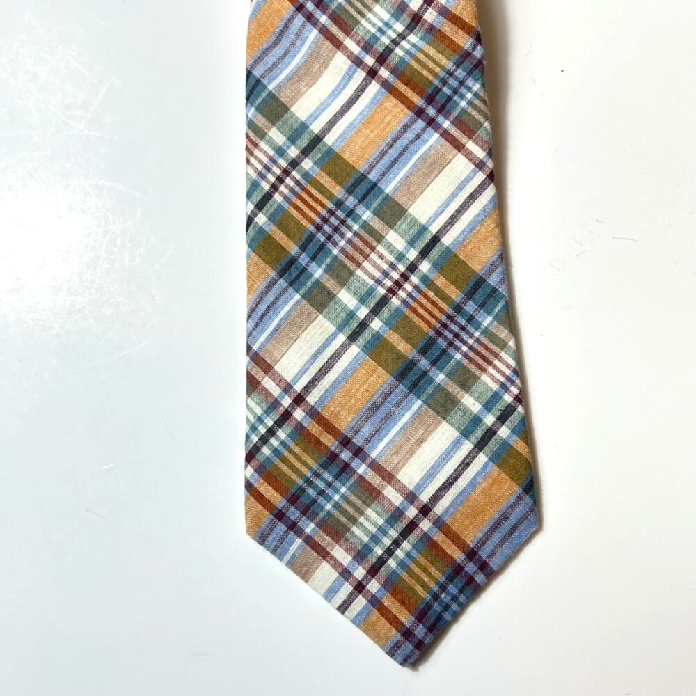 Vintage Guy Laroche Men's Brown Orange Blue Cotton Madras Plaid Tie - Picture 3 of 7